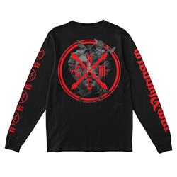 back of black long sleeve with broken statue face with flowers coming out of it. circle long on the sleeve is printed over the face in red. 