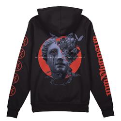 Back of black pullover with broken statue face with flowers coming out of it with the text 