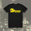 Black tee with yellow text ALBANY, NEW YORK on the chest. 