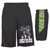 Black athletic shorts with lime green, grey, and black digi camo. Trample art shows a person with a gas mask on shoving a shotgun into a person's face getting ready to shoot them.