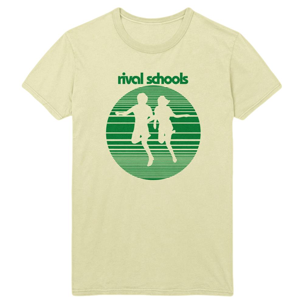 Natural colored t-shirt. Rival Schools logo printed in green on the front top of the shirt. Silhouette logo underneath the top logo also in green.
