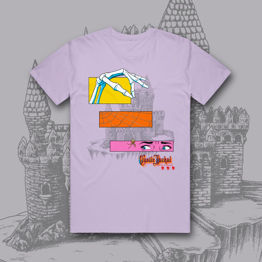 Orchid t-shirt with castle silhouette in the background. 3 boxes diagonally across the tee show a skeleton hand, spider web & frightened eyes.  