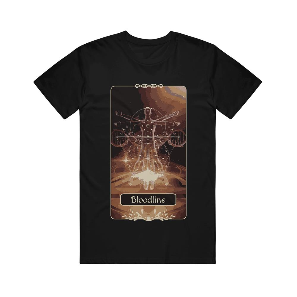 Black Tee. Tarot card art with various geometry imagery on the card. Bloodline text at the bottom. 