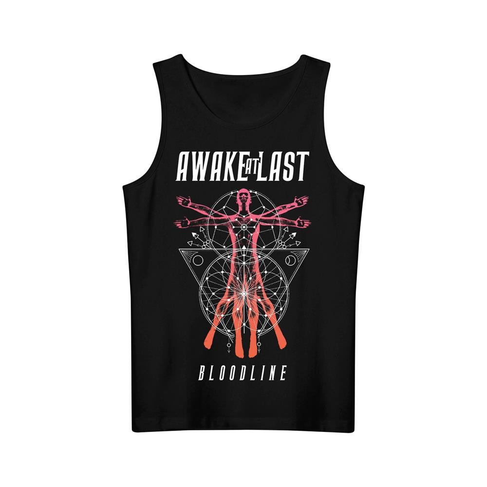 Black tank Top. Text at top of chest reads AWAKE AT LAST. Text at bottom of tee reads BLOODLINE. Design in between is various geometry elements. 