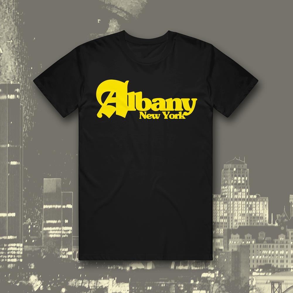 Black tee with yellow text ALBANY, NEW YORK on the chest. 
