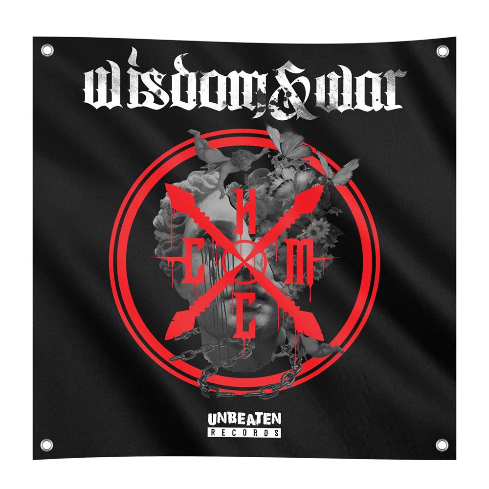 black 4 foot by 4 foot wall flag with image of broken statue face with flowers coming out of it. red circle logo printed over the face. Wisdom & war text in white above the image. 