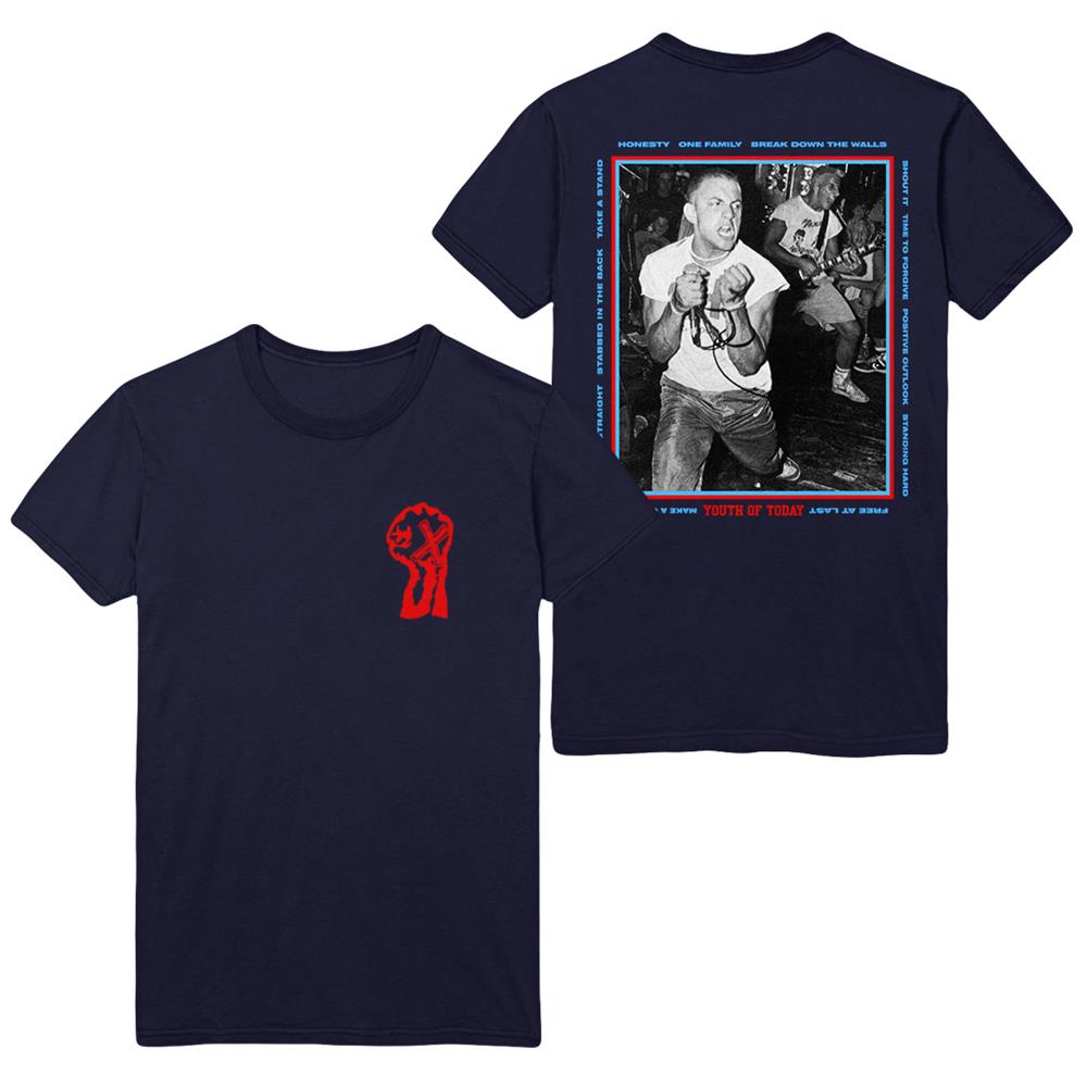 Navy T-Shirt. Red X'ed Up first on the front of the shirt, right pocket print. Back of shirt has a printed photo of Ray and Porcell. The album tracklist is displayed around the pic.