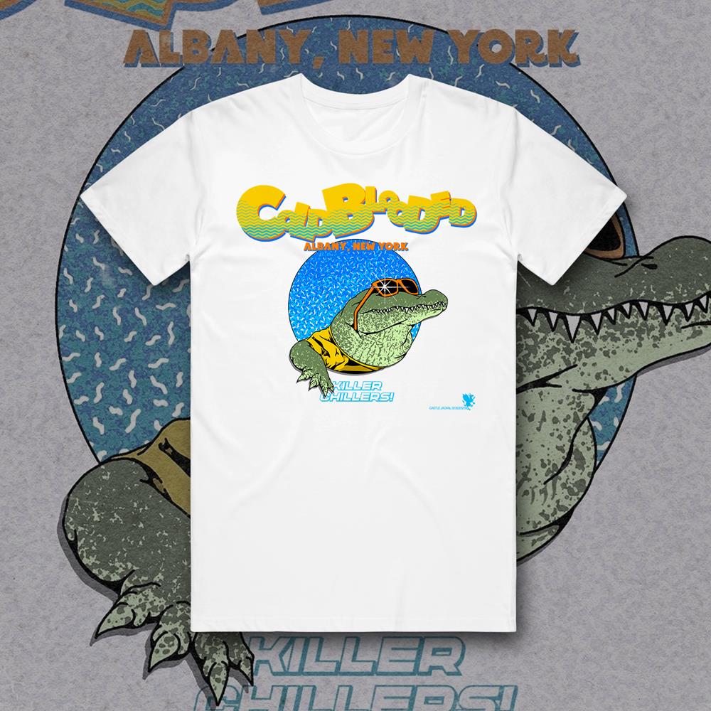 White t-shirt with Cold Blooded Albany, New York text above an alligator wearing sun glasses . Text below reads Killer Chillers.  