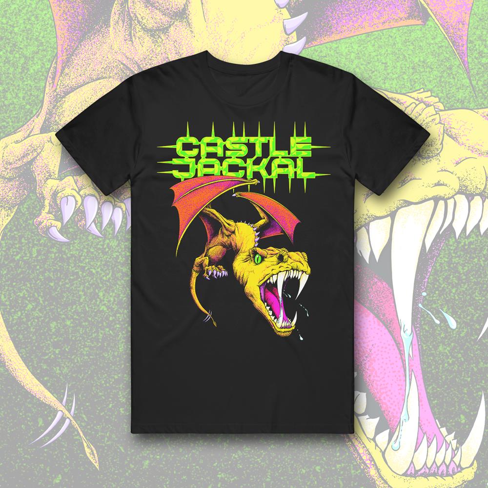 Black t-shirt with a serpent with mouth open on the front underneath a thorn logo of CASTLE JACKAL