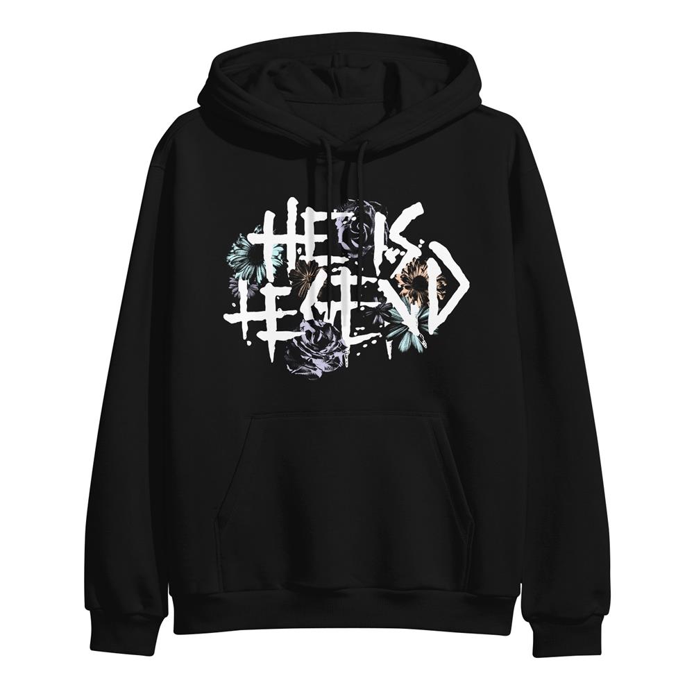 Black hooded pullover. HE IS LEGEND text surrounded by multicolor flowers. 