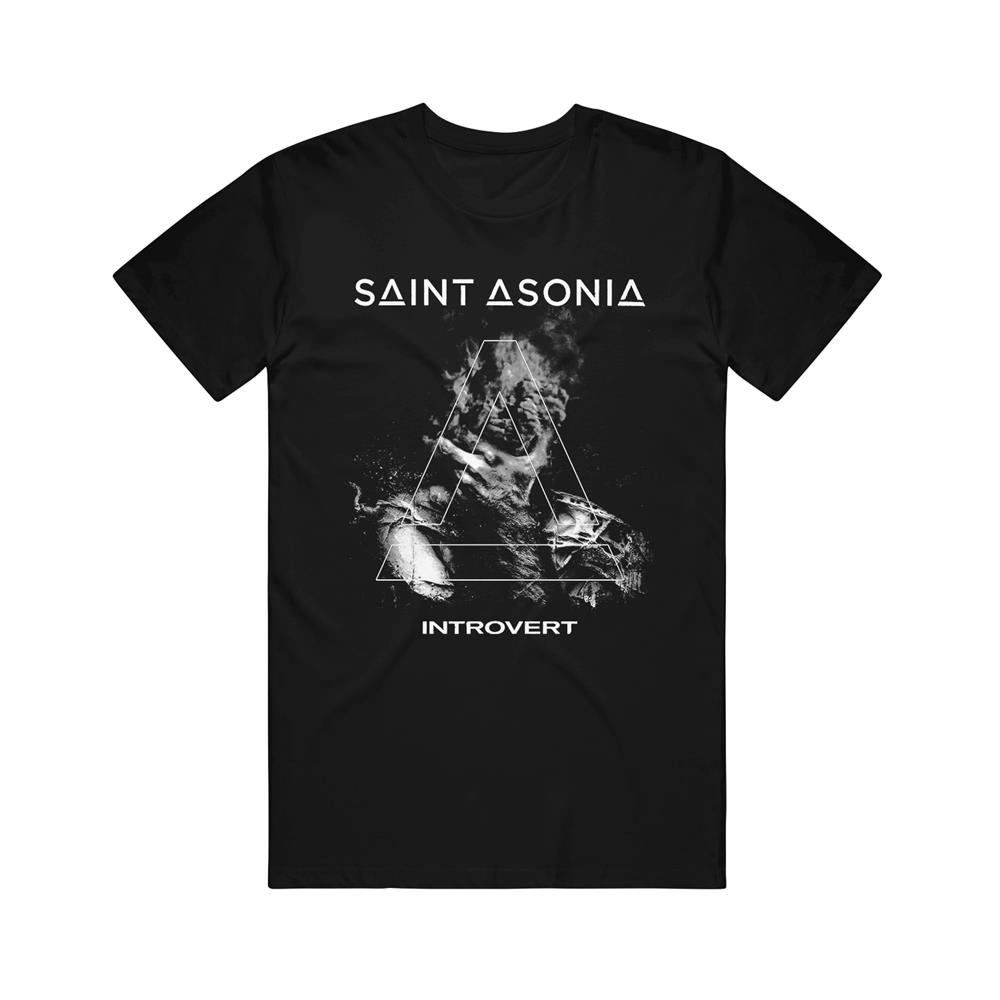 Black T-Shirt laid flat on a white background. Front of tee reads Saint Asonia and Introvert in white text. Has image of hand holding distorted faced.