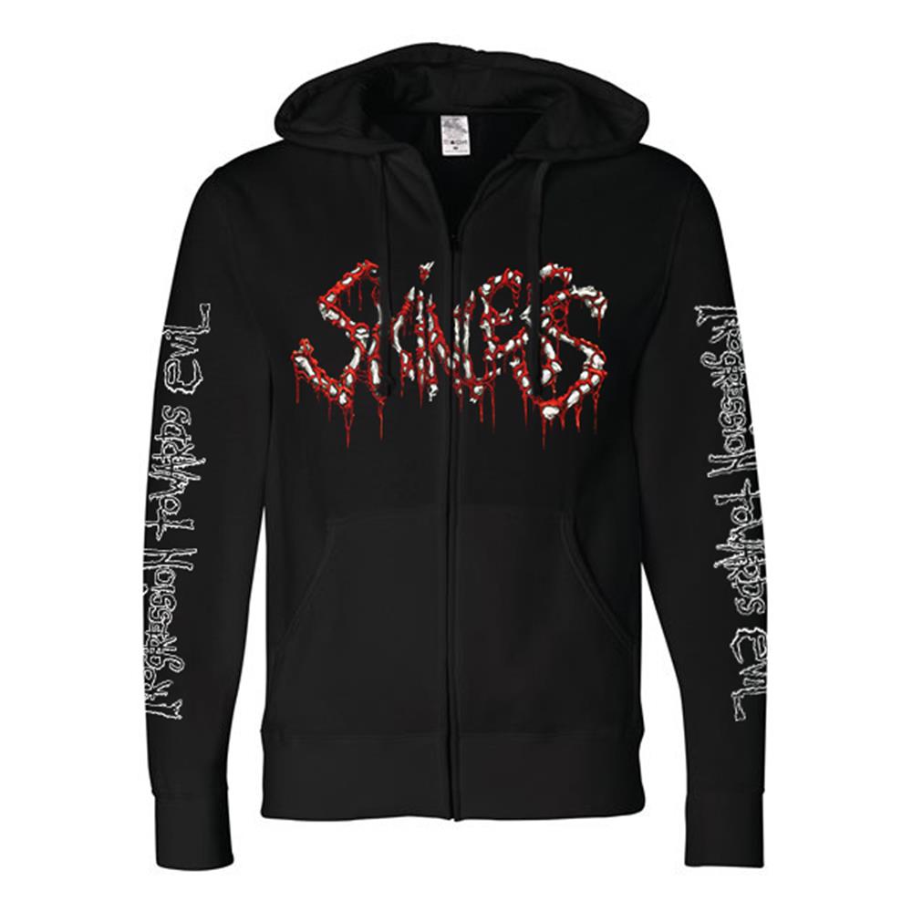 Black Zip Up Sweatshirt. Skinless logo on the front. Progression towards evil on both sleeves. Cover of the 